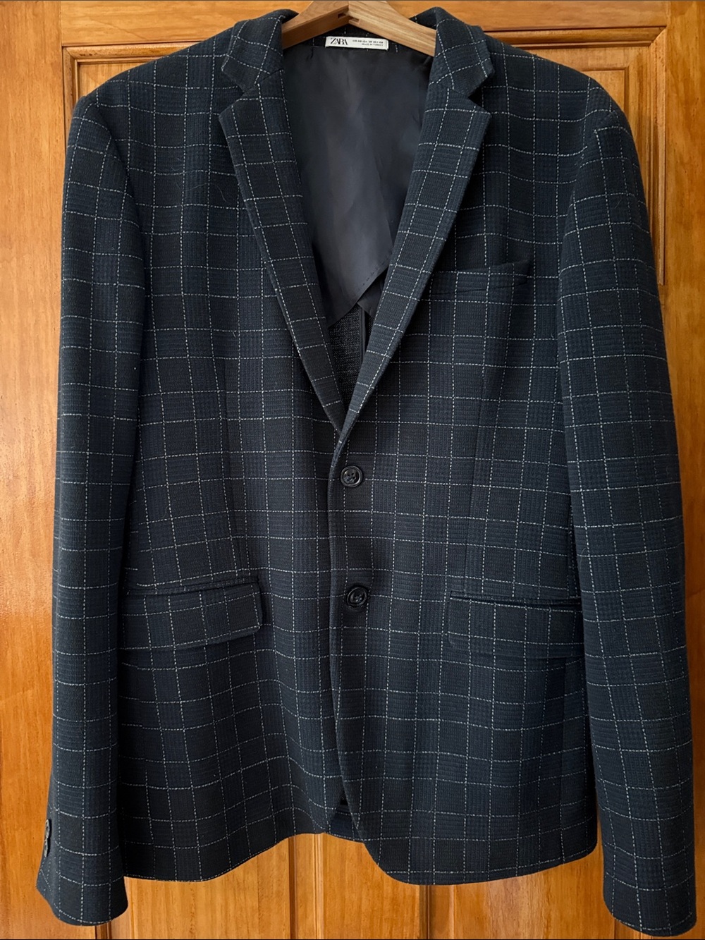 Zara Men's 4-Way Stretch Comfort Knit 2 Button Blue Plaid Blazer